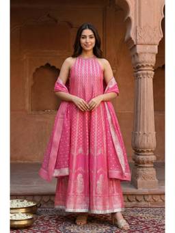 Aurelia - Magenta Jacquard Sleeveless Anarkali Kurta and Pant With Dupatta