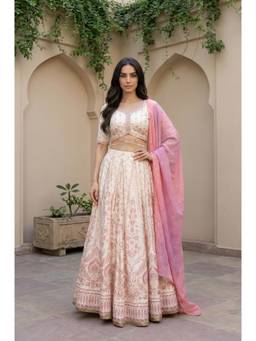 Aurelia - Cream Viscose Half Sleeves Choli and Lehenga With Dupatta