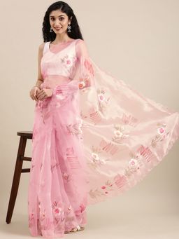 Vastranand - Pink & White Floral Zari Organza Saree with Unstitched Blouse