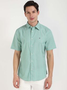 Tommy Hilfiger - Men Green Collar Neck Stripes Shirt