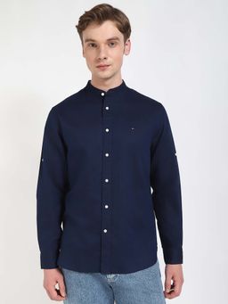 Tommy Hilfiger - Men Navy Blue Mandarin Neck Solid Shirt