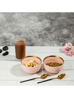 EZ Life - Pastely Serving Bowls 4 5 Inch Ceramic Bowls Matt Baby Pink with Golden Rim Pack of 2