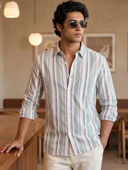 Bewakoof - Men's White & Green Striped Shirt