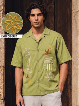 Bewakoof - Men's Moss Green Embroidered Oversized Shirt