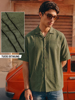 Bewakoof - Men's Olive Self Design Oversized Shirt