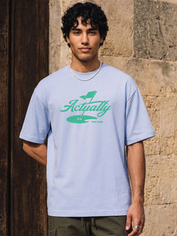Bewakoof - Men's Baby Lavender Actually Typography Oversized T-Shirt