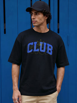 Bewakoof - Men Jet Black High Club Typography Oversized T-Shirt