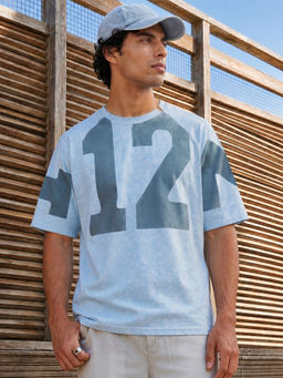 Bewakoof - Men's Blue Typography Oversized Acid Wash T-Shirt