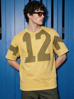 Bewakoof - Men's Yellow Typography Oversized Acid Wash T-Shirt