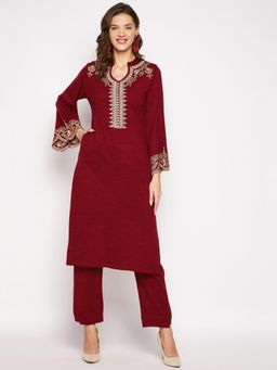 ZIGO - Womens Maroon Embroidered Full Sleeve Kurta Pants (Set of 2)