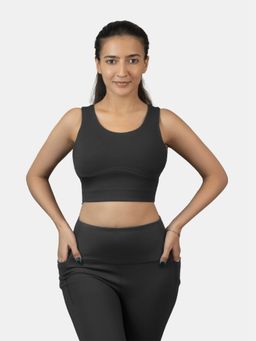 STRCH - Womens Nylon Showstopper Cross-Back Medium Support Sports Bra- Black