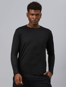 Fitkin - Men Black Raw Edge Neck Style Long Sleeves T-shirt
