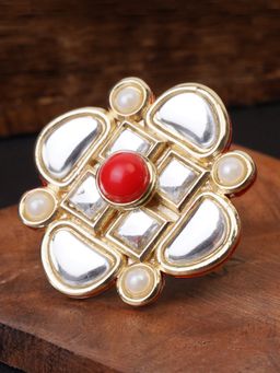 Estele - Gold Plated Floral Pattern Finger Ring with Kundan for Women