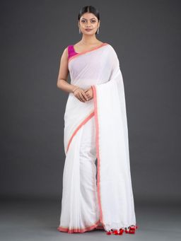 Arhi - White Pure Cotton Handwoven Soft Dual Tone Saree with Unstitched Blouse