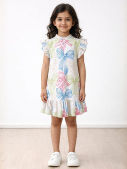 ANTHRILO - Girls Cotton Blend Painted Bow Frill Comfort Fit Party Dress - Off White