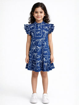 ANTHRILO - Blue Bow Girls Frill Dress - Blue