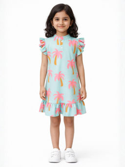 ANTHRILO - Palm Tree Girls Summer Frill Dress - Blue