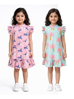 ANTHRILO - Dancing Unicorn And Palm Tree Girls Dresses (Pack of 2)