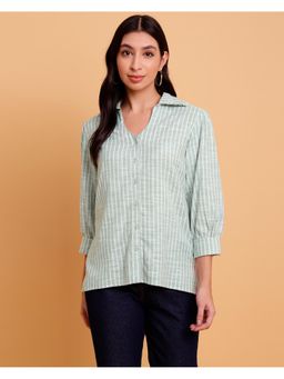 Sands of India - Oversize Green Stripe Shirt with Ruffle Collar