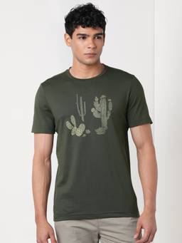 WILDCRAFT - Men'S Olive Graphic Cotton Blend Regular Fit T-Shirt