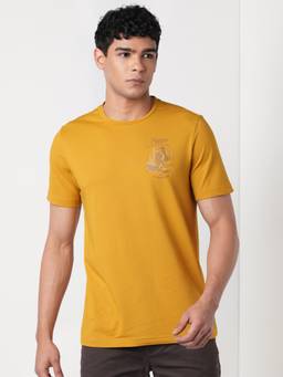 WILDCRAFT - Men'S Mustard Plain Cotton Blend Regular Fit T-Shirt