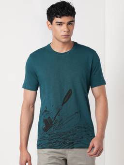 WILDCRAFT - Men'S Teal Graphic Cotton Regular Fit T-Shirt