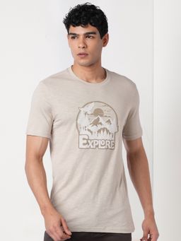 WILDCRAFT - Men'S Beige Typography Cotton Regular Fit T-Shirt