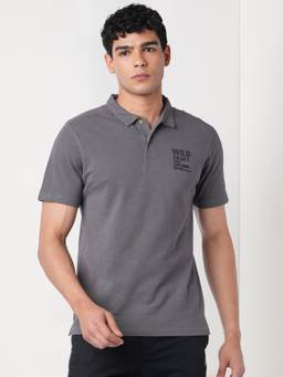 WILDCRAFT - Men'S Grey Solid Cotton Regular Fit Polo T-Shirt