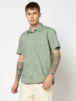 GAP - Men'S Green Floral Cotton Blend Regular Fit Shirt