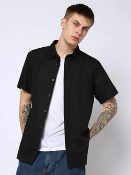 GAP - Men'S Black Solid Cotton Blend Regular Fit Shirt