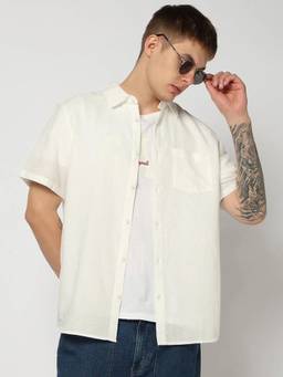 GAP - Men'S Off White Solid Cotton Blend Regular Fit Shirt