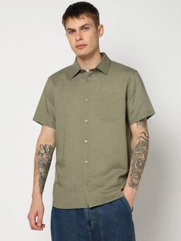 GAP - Men'S Olive Solid Cotton Blend Regular Fit Shirt