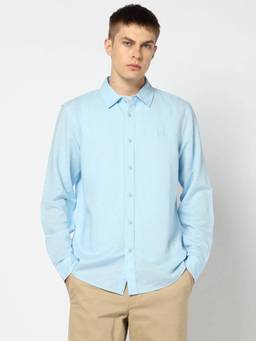 GAP - Men'S Blue Solid Cotton Blend Regular Fit Shirt