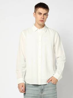 GAP - Men'S Off White Solid Cotton Blend Regular Fit Shirt