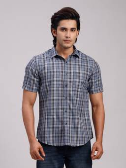 Classic Polo - Men'S Blue Checks Cotton Slim Fit Shirt