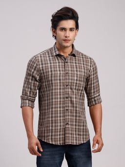 Classic Polo - Men'S Brown Checks Cotton Slim Fit Shirt