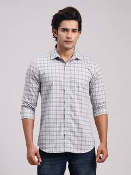 Classic Polo - Men'S Grey Checks Cotton Slim Fit Shirt