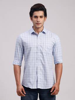 Classic Polo - Men'S Blue Checks Cotton Slim Fit Shirt