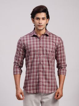 Classic Polo - Men'S Maroon Checks Cotton Slim Fit Shirt