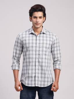 Classic Polo - Men'S Grey Checks Cotton Slim Fit Shirt