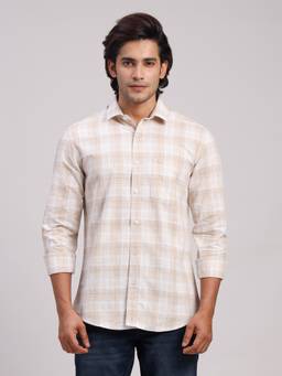 Classic Polo - Men'S Beige Checks Cotton Slim Fit Shirt