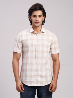 Classic Polo - Men'S Beige Checks Cotton Slim Fit Shirt