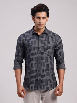 Classic Polo - Men'S Charcoal Printed Cotton Slim Fit Shirt