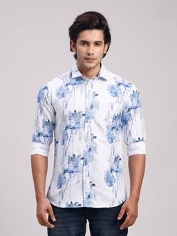 Classic Polo - Men'S White Floral Cotton Slim Fit Shirt