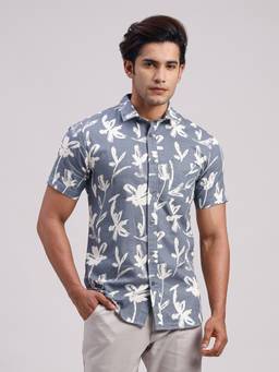 Classic Polo - Men'S Blue Printed Cotton Slim Fit Shirt