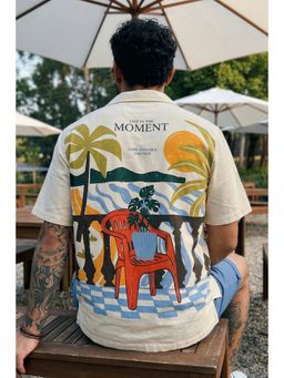 VEIRDO - Men'S Off White Printed Cotton Oversized Fit Shirt