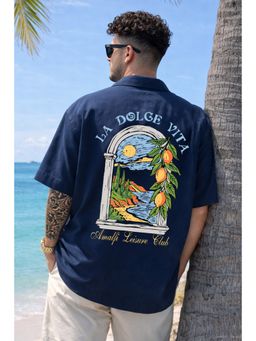 VEIRDO - Men'S Navy Blue Printed Cotton Oversized Fit Shirt