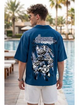 VEIRDO - Men'S Navy Blue Printed Cotton Oversized Fit Shirt