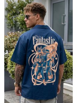 VEIRDO - Men'S Navy Blue Printed Cotton Oversized Fit Shirt
