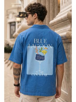 VEIRDO - Men'S Navy Blue Printed Cotton Oversized Fit Shirt